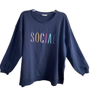 Wildfox Social Pullover Sweatshirt Blue Multicolor Print